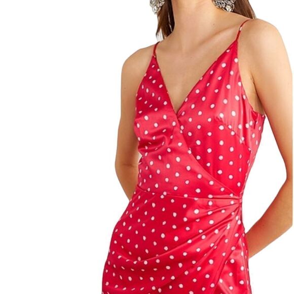 Haney Olivia Red Stretch Satin Polka Dot Handkerchief Hem Midi Dress 4 $890 - Picture 2 of 13